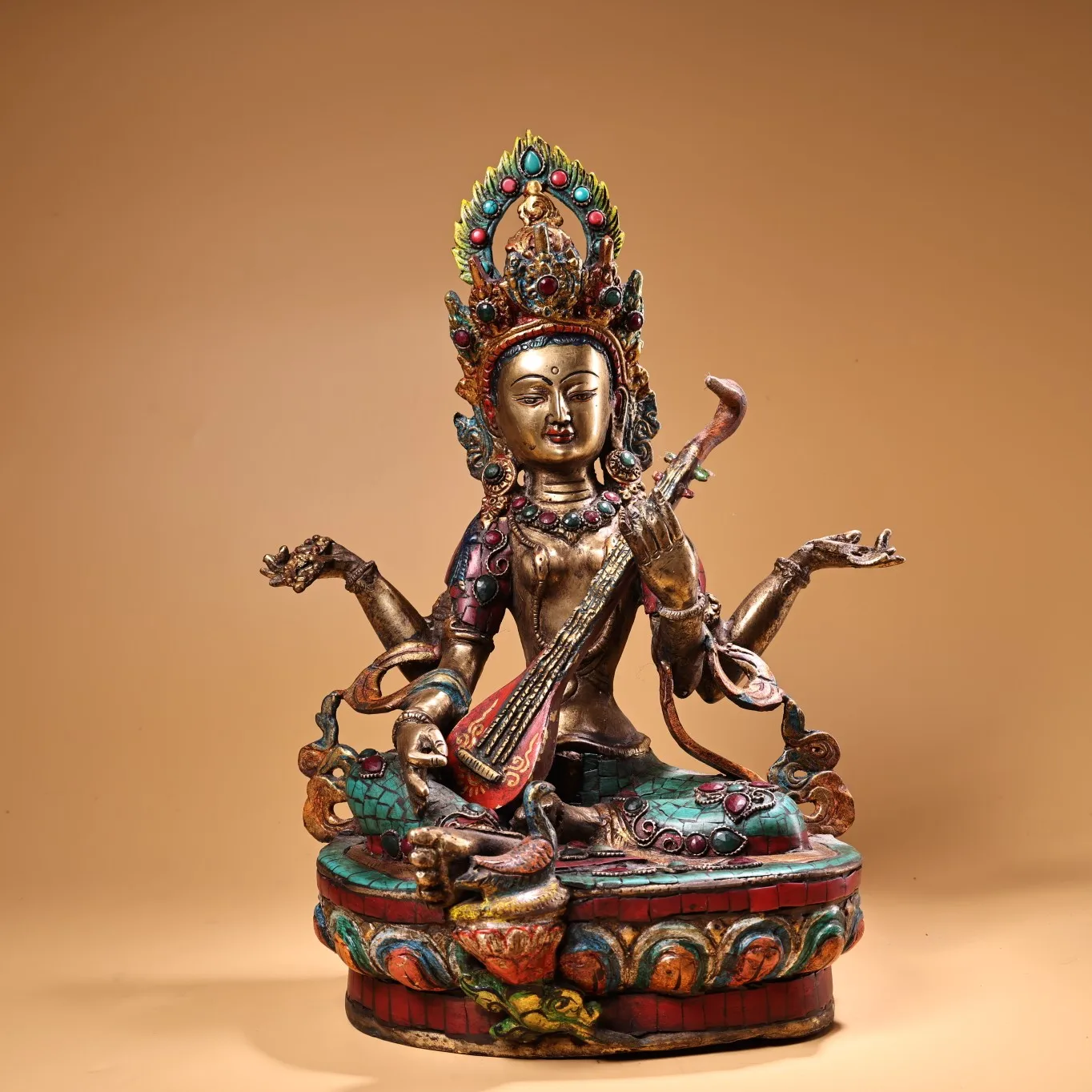 

14"Tibetan Temple Collection Old Bronze Outline in gold Mosaic Gem Turquoise Four arms Sarasvati Sitting Buddha Worship Hall