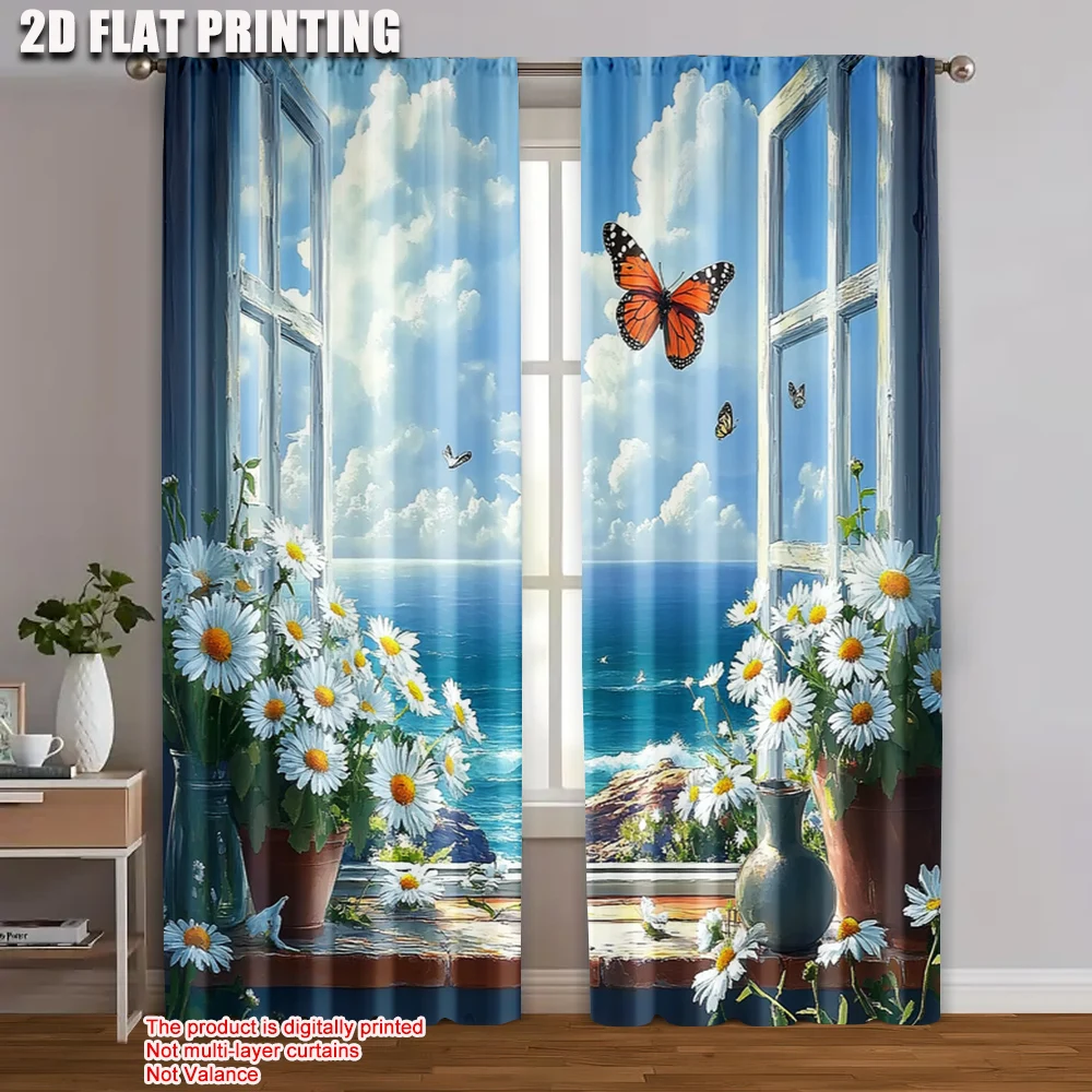 2 Stück 2D-Flachdruck-Fenstervorhänge, Schmetterlings-Gänseblümchen-Blumen, maschinenwaschbarer Stoff ohne Strom, Familienparty
