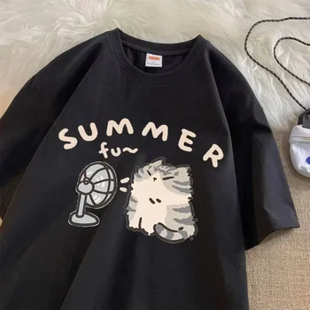 American Street Creative Blow Fan Cat Pure Cotton T-shirt for Men Women Summer Relaxed Short Sleeve Couple Wear Harajuku Top Tee