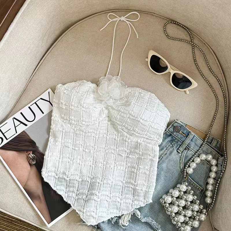 

Women Suspender Top Sleeveless Tank Sweet Flowers Design Ruffle Neck Backless Sweet and Spicy Hot Girl Streetwear