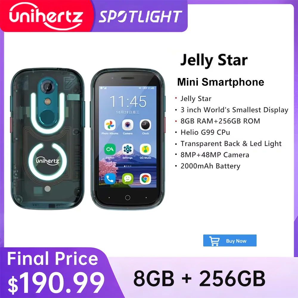 Unihertz Jelly Star Mini Smartphone Android 13 8GB 256GB Led Light Unlocked Transparent Backshell Cellphones 48MP 3 inch Phone