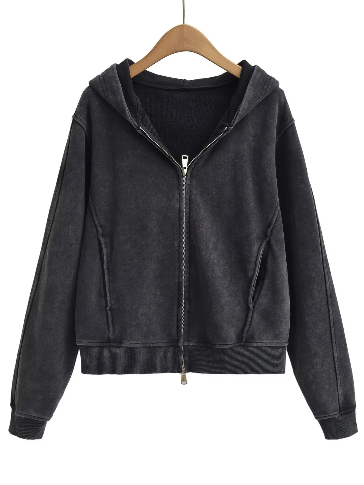 Retro Washed Grey Hoodie Short Loose Slimming Zipper Waistcoat Female Fashion Commute Style Long Sleeve Pure Color Sweatshirt