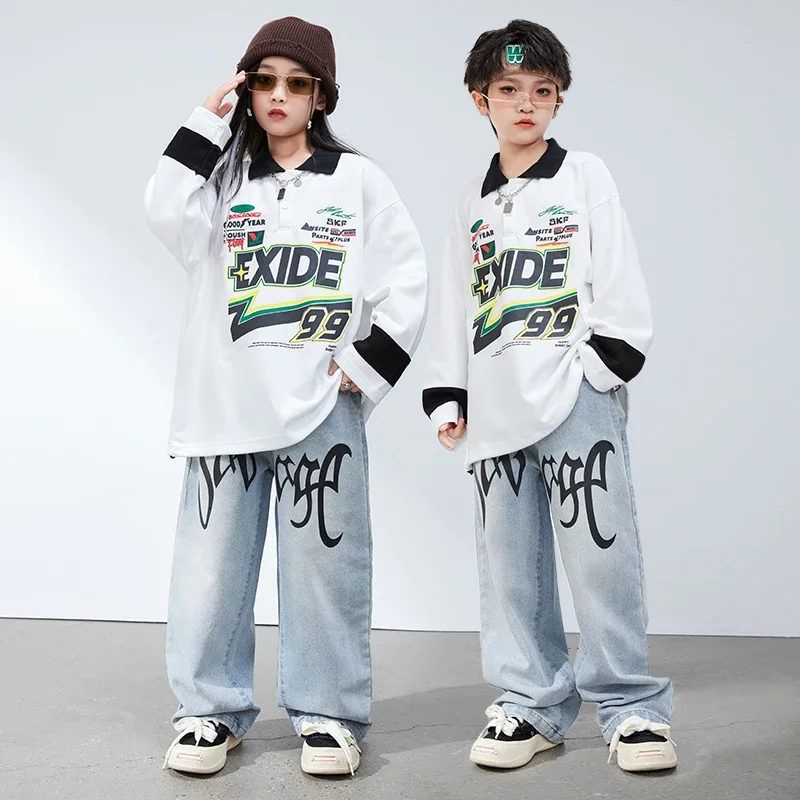 Kids Streetwear Hip Hop Clothing Letters Print Polo Sweatshirt Casual Denim Cargo Pants for Girl Boy Jazz Dance Costume Clothes