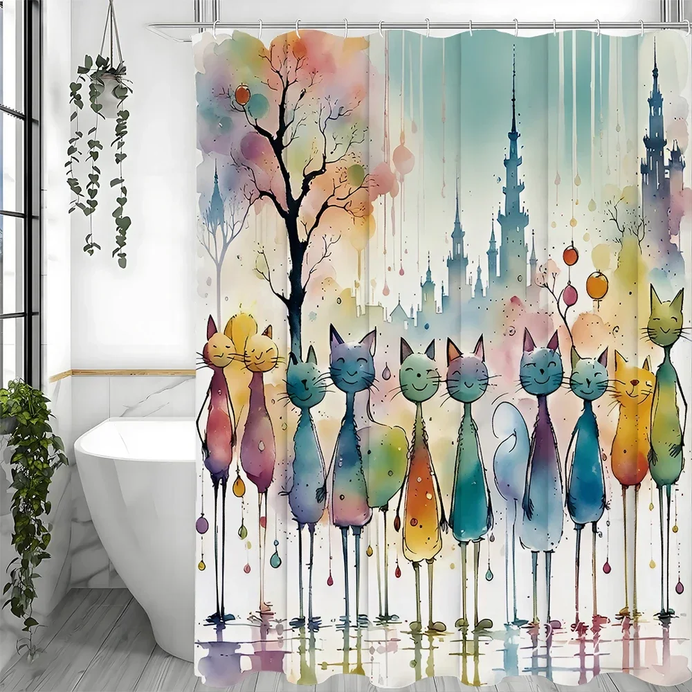 Watercolor Colorful Kitten Shower Curtain, Bathroom Decorative Shower Curtain, Waterproof Shower Curtain with HooksVVV