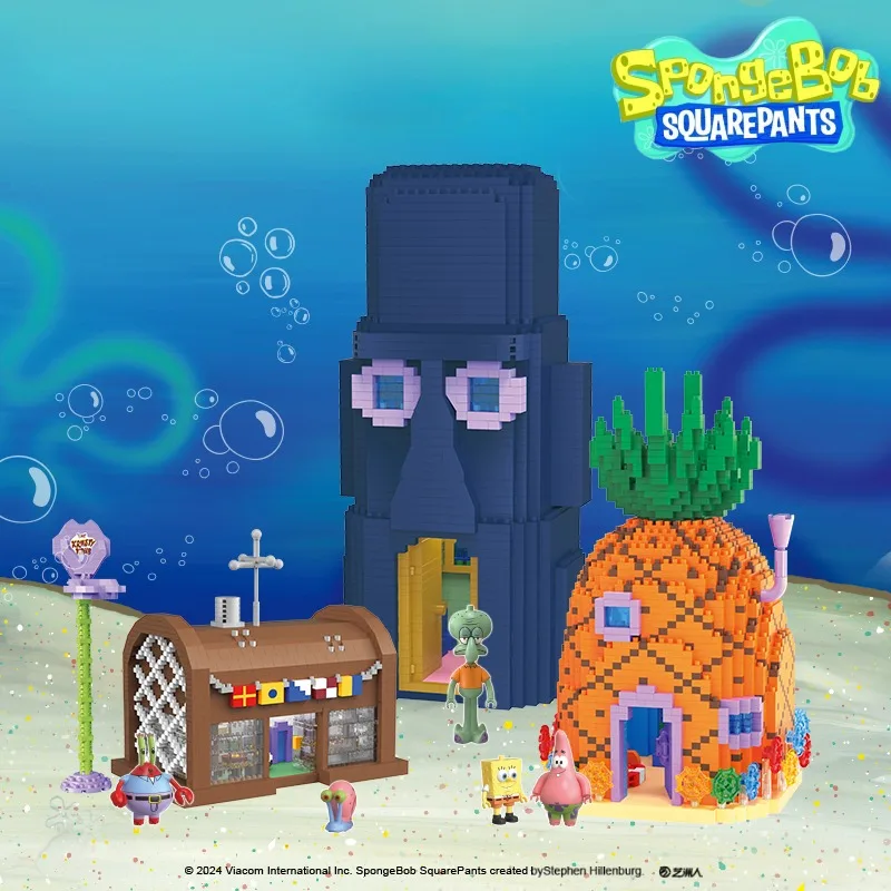 

SpongeBob SquarePants Pineapple House Assembling Building Blocks Small Grain Krabby Fort Restaurant Model Ornaments Holiday Gift