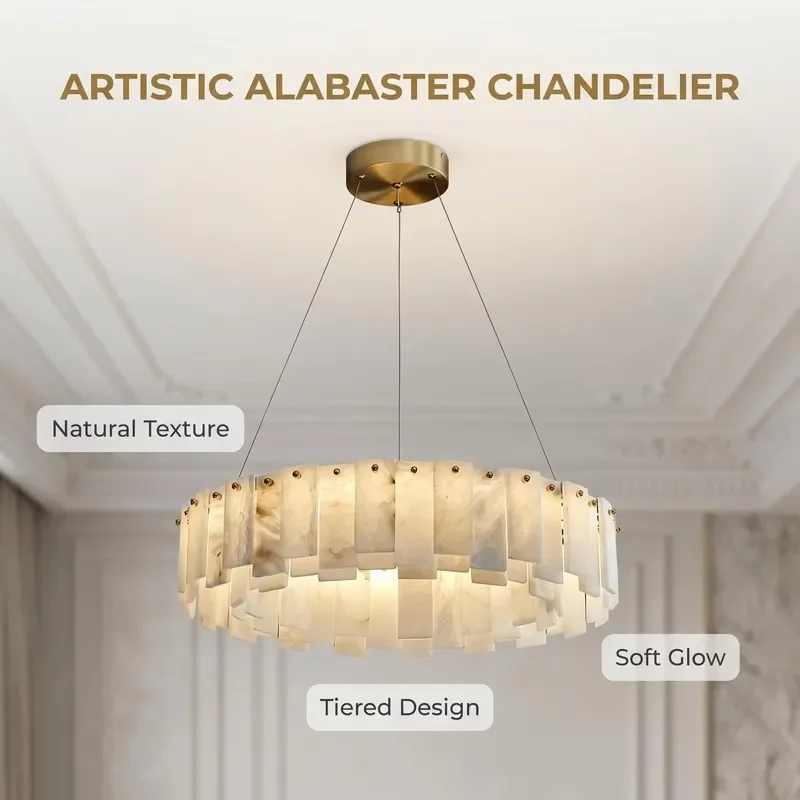 Modern Natural Spanish Alabaster Gold Finish Long LED Oversized Pendant Light Dual Color Temp Square Shade High CRI 90