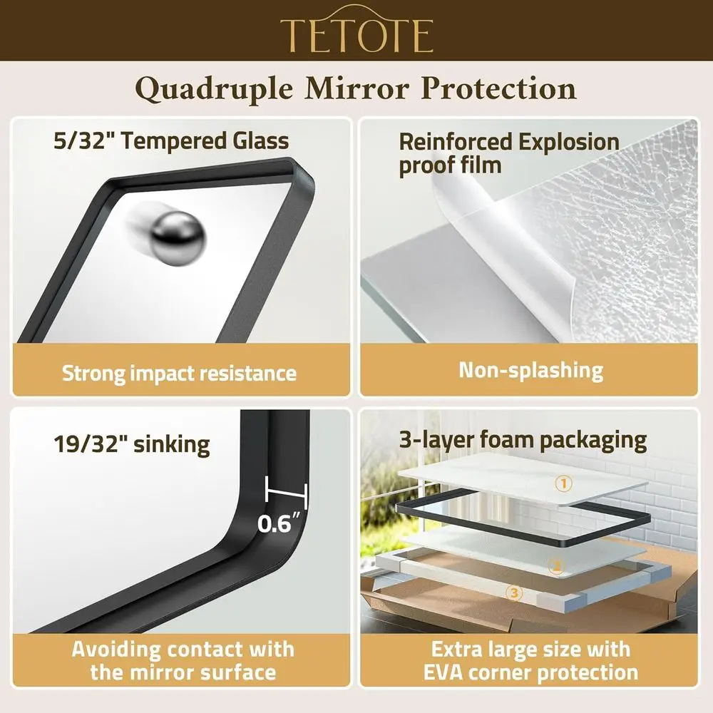 Espejo de tocador negro mate montado en la pared 36 x 28 con vidrio templado para uso doméstico