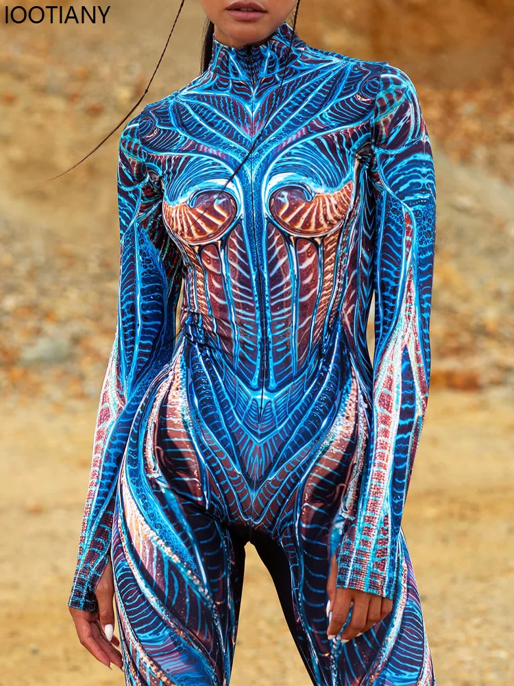 Unisex Apache Jumpsuit Halloween Alien Cosplay Morfsuit Punktextuur Gedraaide Kleurrijke Print Zentai Suit Festival Rave Bodysuits