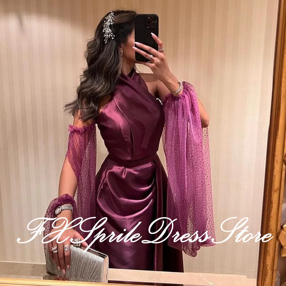 Vestido caftan liso de cetim para mulheres, cabeceira amarela, pregas roxas, vestidos personalizados para ocasiões, clássicos e formais, Dubai, 2024