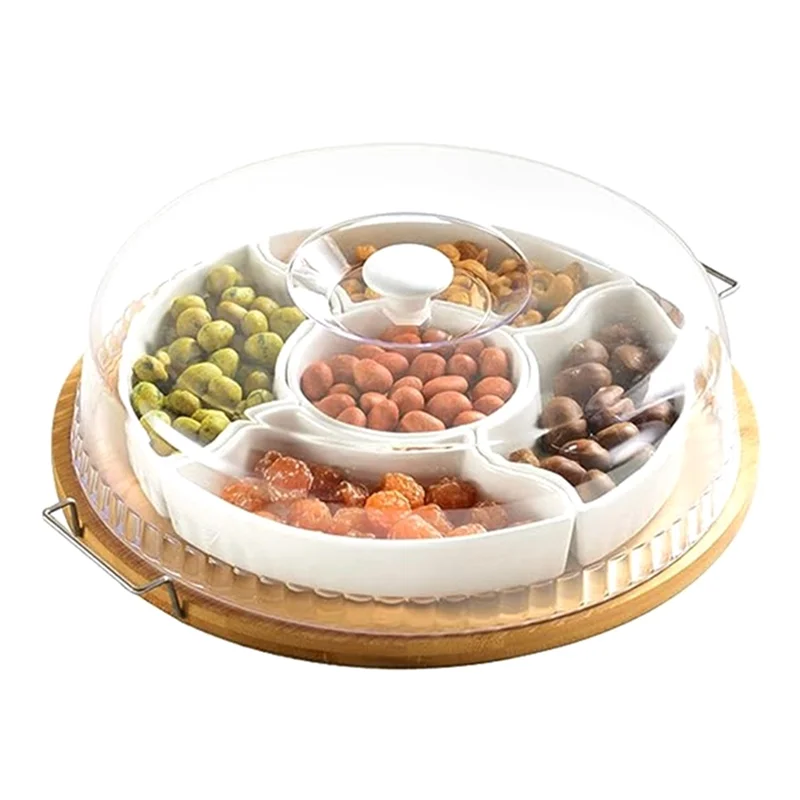 

G6- Divided Serving Dishes Platter With Clear Lid, Bamboo Appetizer Tray With Handles 5 Removable Snacks Bowls Easy To Us