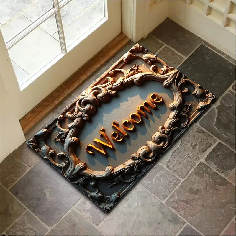 VIKAMA Vintage Antique Iron Carving Welcome Door Mat, Non-Slip Entrance Rug for Foyer & Bathroom, Elegant Home Decor