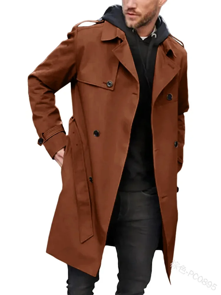 

European and American Men's Lapel Slim Fit Double-Breasted Casual Coat Spring and Autumn Solid Color Long Sleeve Windbreaker