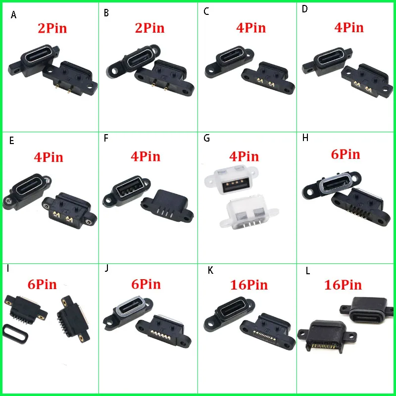 1PC USB Female Socke SMT+DIPt Plug Connector 2 Ear through-hole Micro USB 2.0 3.1 TypeC 2 4 6 14 16pWaterproof Female Vertical