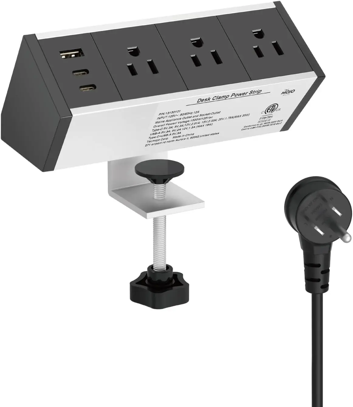 

Desk Clamp Power Strip 3 Outlet with 1 USB A and 2 USB C, 6ft Cord, ETL Listed, Fits 1.6" Tabletop Edge