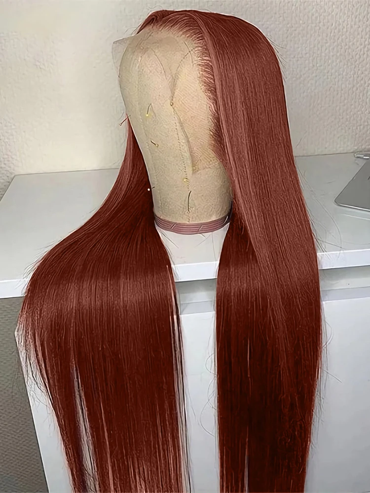 Wig depan renda rambut manusia lurus 13x4 tulang sawo matang 32 inci Wig Frontal renda transparan Brasil berwarna untuk wanita