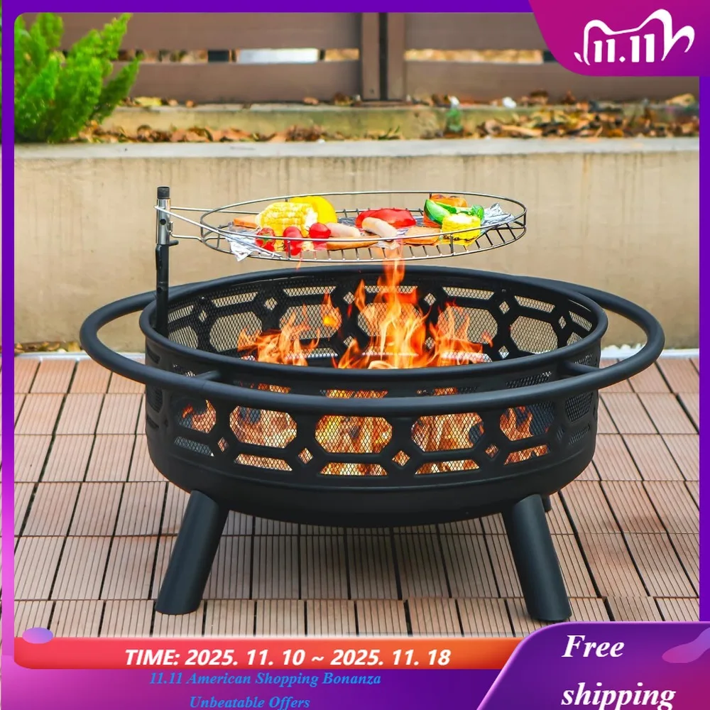 

Outdoor Wood Burning Firepit with Removable Grill & Poker, Heavy Duty Metal Round Fireplace,2 in 1 Large Round Fireplace