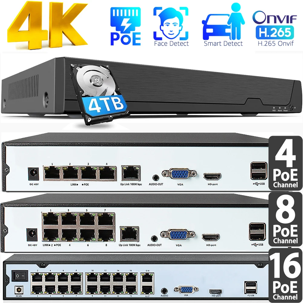 gravador de video 16ch 4k 8mp poe nvr para sistema de cctv de seguranca domestica 8ch 24 gravacao 4ch h265 onvif gravador de rede de deteccao facial 01