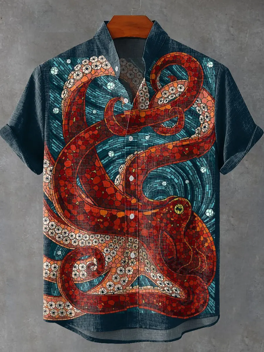 

Fashionable 3D printed ocean octopus animal pattern men's summer casual loose linen pocket short sleeved stand up collar large s