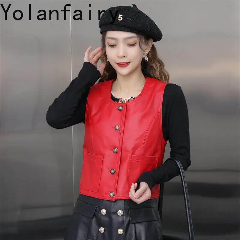 YOLANFAIRY Women Genuine Sheepskin Waistcoat 2026 Autumn Red Round Neck Slim Sleeveless Versatile Real Leather Gilet Outer Vest