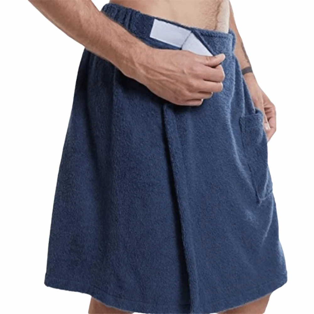 Soft Men Wearable Bath Towel with Pocket Absorbent Shower Wrap Robe Adjustable Fastener Comfortable Bath Wrap Skirt Gym