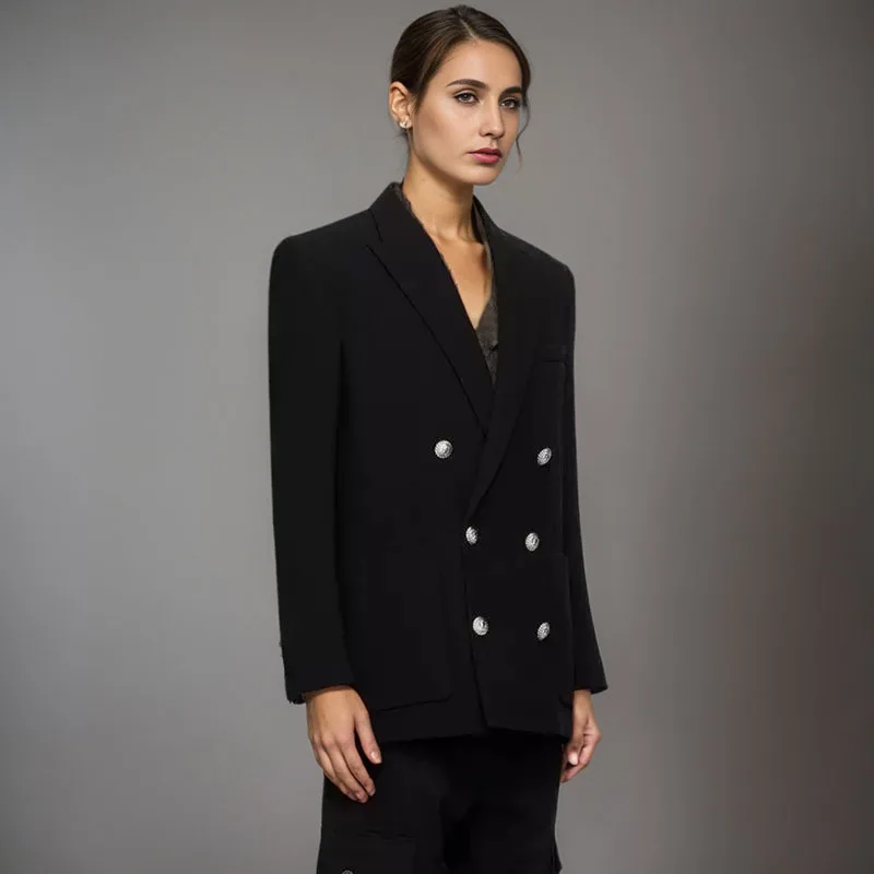 ZOCI Mode Schwarz Silhouette Anzug Jacke frauen Kerb Kragen Lose Zweireiher Lange Ärmel Einfache Blazer Neue TideFC1509