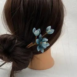 Blue Flower Hair Stick Forrk Ancient Style Tiara Vintage Sandalwood Hair Clasp Cheongsam Decor Hair Bun Jewelry Chinese Headwear