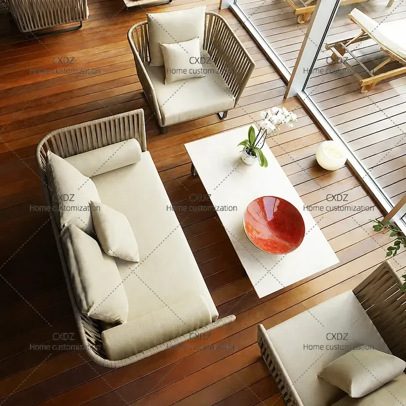 Outdoor Rattan Sofa Set with Coffee Table 3 Piece Patio Furniture Balcony Wicker Chairs and Table for Courtyard Leisure