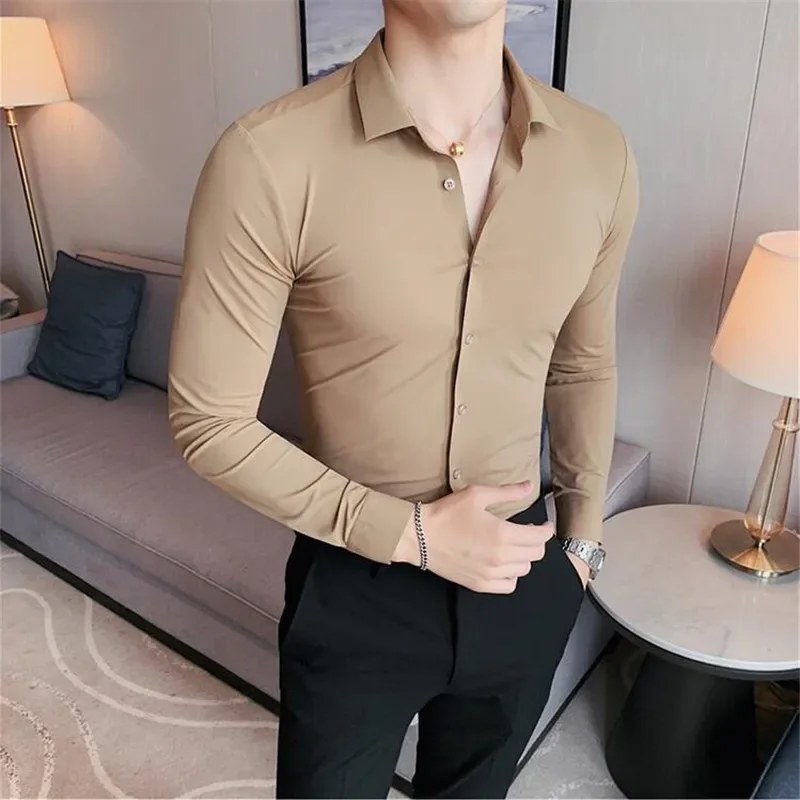 Fashion High Elasticity Seamless Shirts Men Long Sleeve Top Quality Slim Casual Luxury Shirt Social Formal Dress Shirts