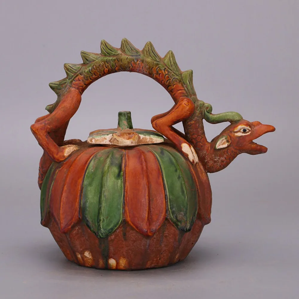 Antique Style Tang Sancai Hand Painted Pumpkin Dragon Handle Ewer Home Decor Collectible