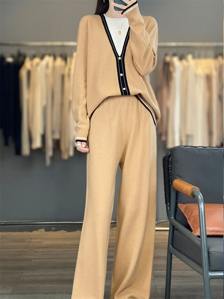 

Women's matching set 100% Merino wool round neck sweater+straight elastic waist pants two-piece set knitted women's clothing