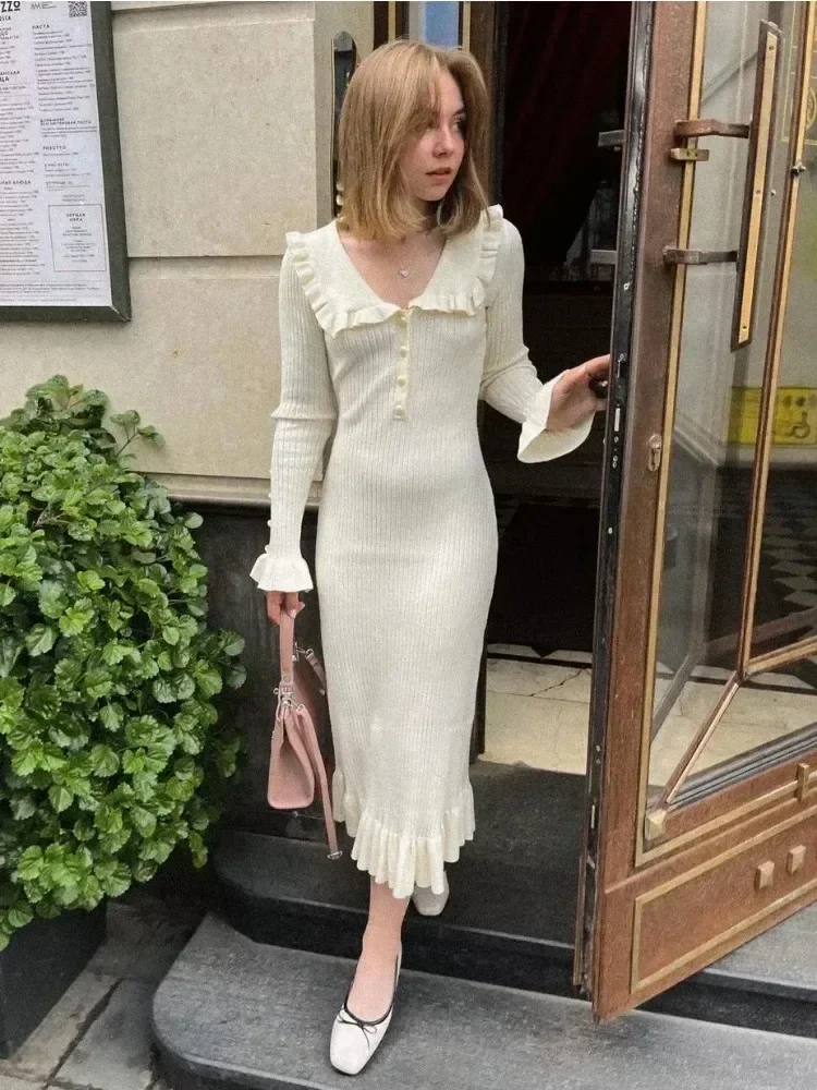 Ruffled Patchwork Knit Maxi Dress For Women Elegant Ribbed Long Sleeve Party Dress Gown Slim Knitwear Fashion Long Dress