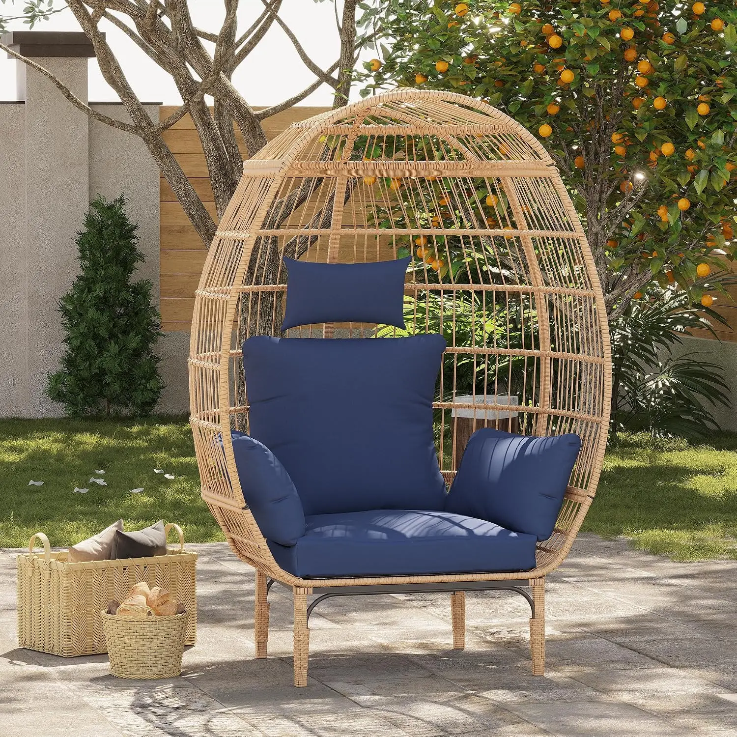 Wicker Egg Chair Outdoor, Oversized Egg-Shaped Chair w/Metal Frame Stand, 500 Lbs Capacity Oversized Attan Egg Lounge Chairs