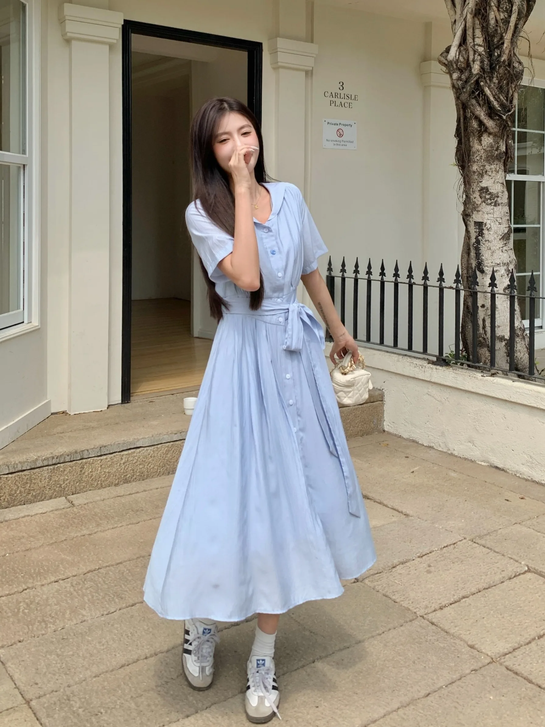 

plus Size Summer New Style Navy Collar Belted Waist Slimming Knee-Length Short-Sleeve Long Dress Fashionable A-Line Korean Ve...