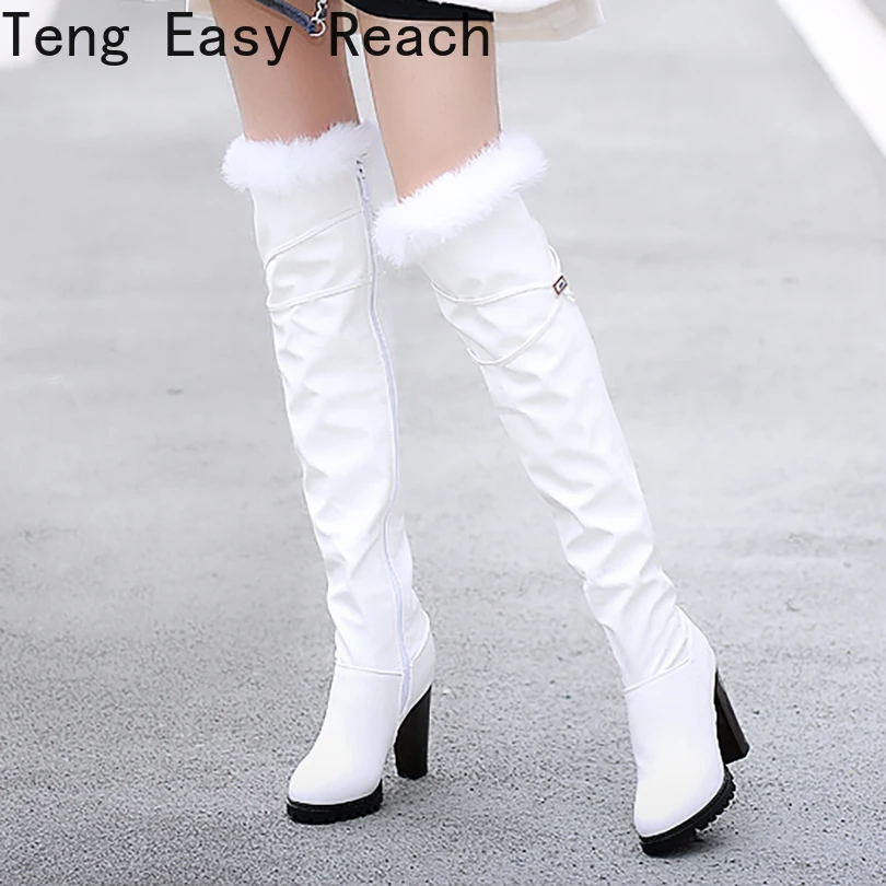 2025 Plus Size Flanged Fur Patchwork PU Round Toe Thick Heel Winter Long Boots Side Zipper Warmth Inside Over The Knee Boots