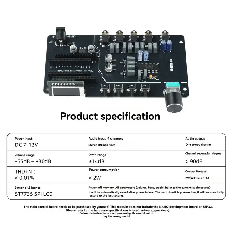 Stylish-TDA7440 Digital Audio Controller 4 Channel Stereo Audio Module 1.8 Inch ST7735 Display