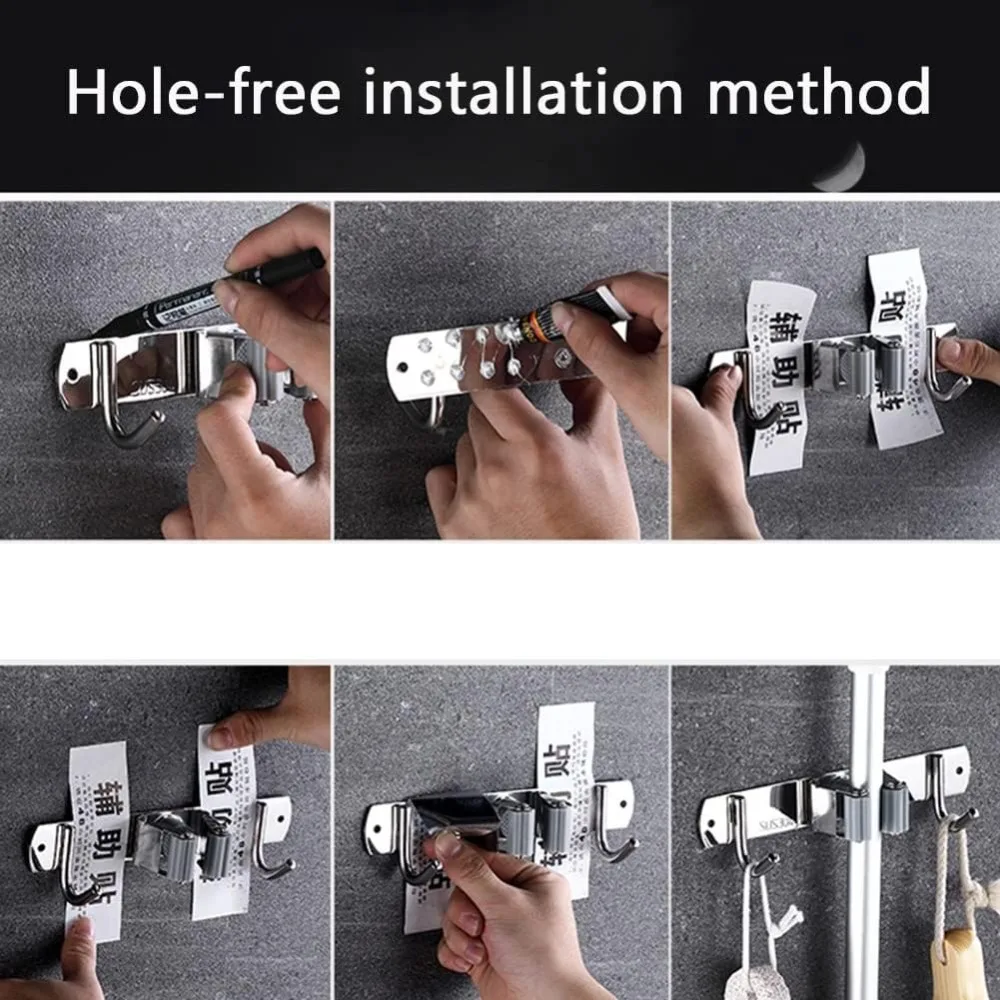 رف تخزين مكنسة وممسحة مثبت على الحائط مع تصميم إبزيم لأدوات التنظيف، مثالي للمطبخ والحديقة والجراج