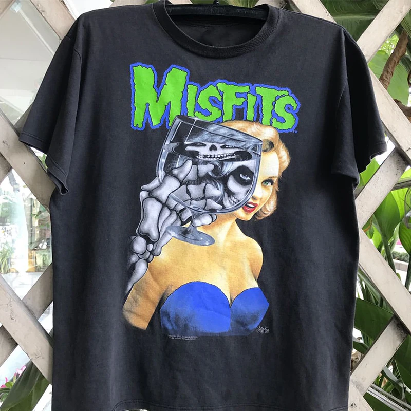 Retro Misfits Band Punk Rock Skeleton Print Short Sleeve Vintage T-Shirt for Men Cotton Casual Summer Top Youth Fashion