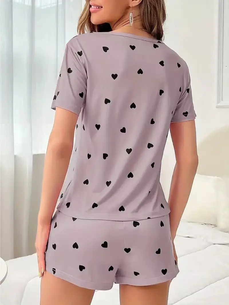 Women's Fashion Two-Piece Set - Small Heart Print Short-Sleeve Round Neck T-Shirt + Printed Shorts Two-Piece Set