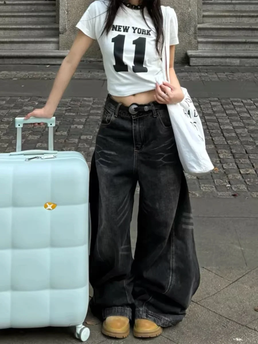 

American Style High Waist Denim Jeans Women Summer Street Fashion Loose Leg Pants Washed out Vintage Knife Draping