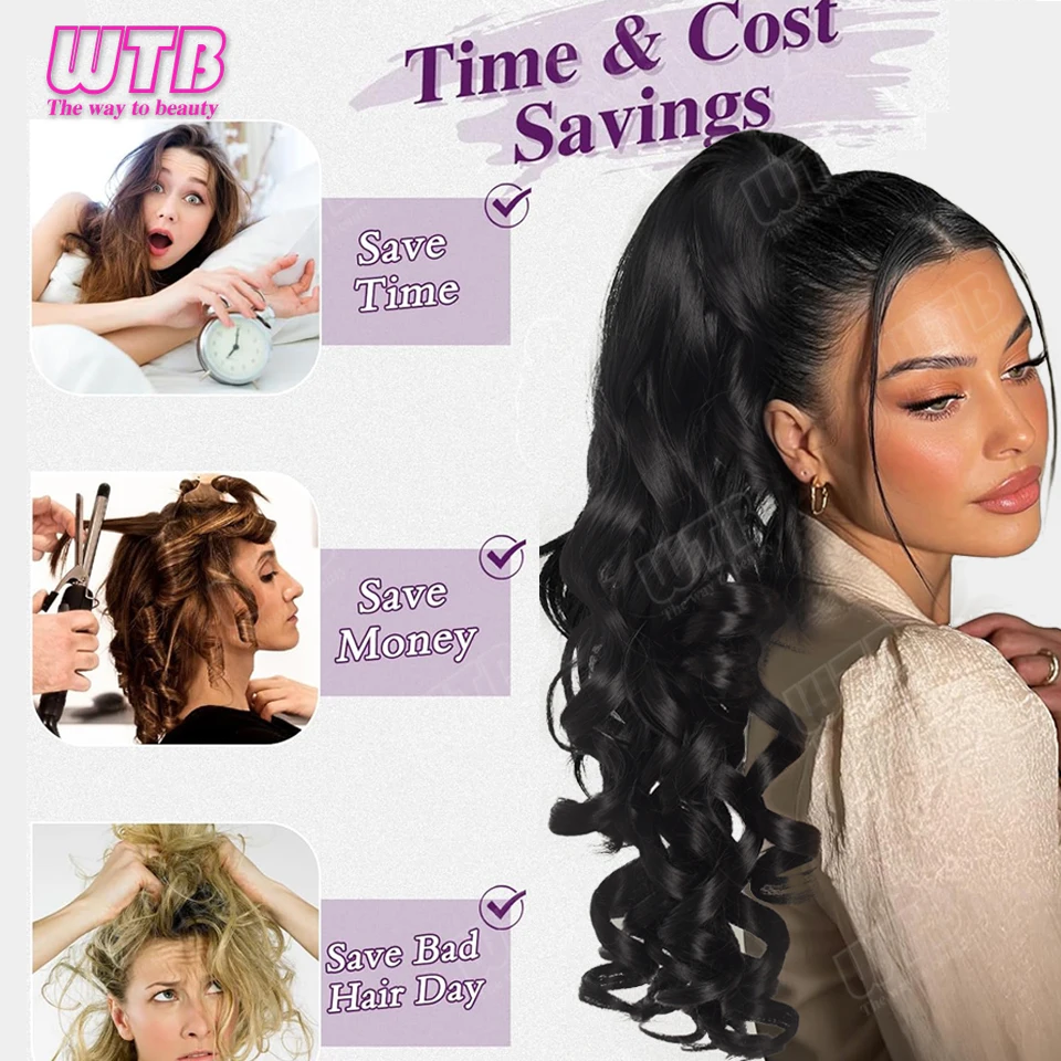 WTB 50 CM Synthetic Ponytail Wig with Clip Style Black Roman Curl Ponytail Wig Suitable for Women's Daily Wear and Holidays