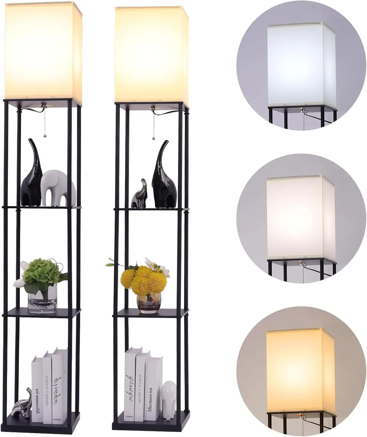 

Modern Square Floor Lamp with Shelves, 3 Color Temperature LED Bulb for Living Room, Bedroom, Office - Black (2 Pack)