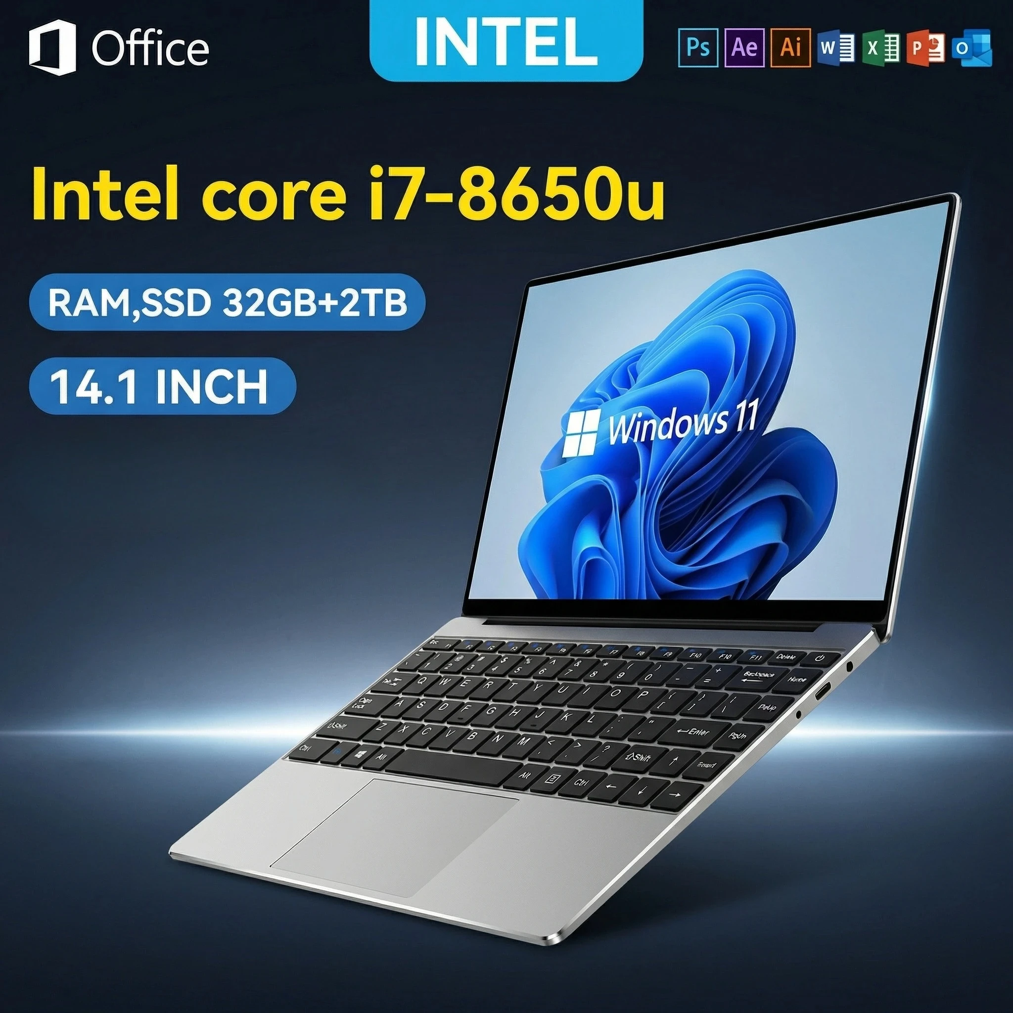 Laptop Ultra Slim LENO 14.1" 32GB 2TB Windows 11 Intel Core i7 8650U Computador para jogos PC Gamer Notebook para escritório 1920*1080 HD