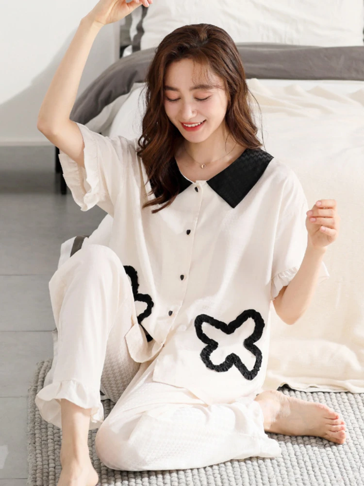 2024 Summer New Arrival Pajamas Women's Short-Sleeved Trousers 2-Piece Set Thin Ice Silk Fashionable Korean Style Home Clothes