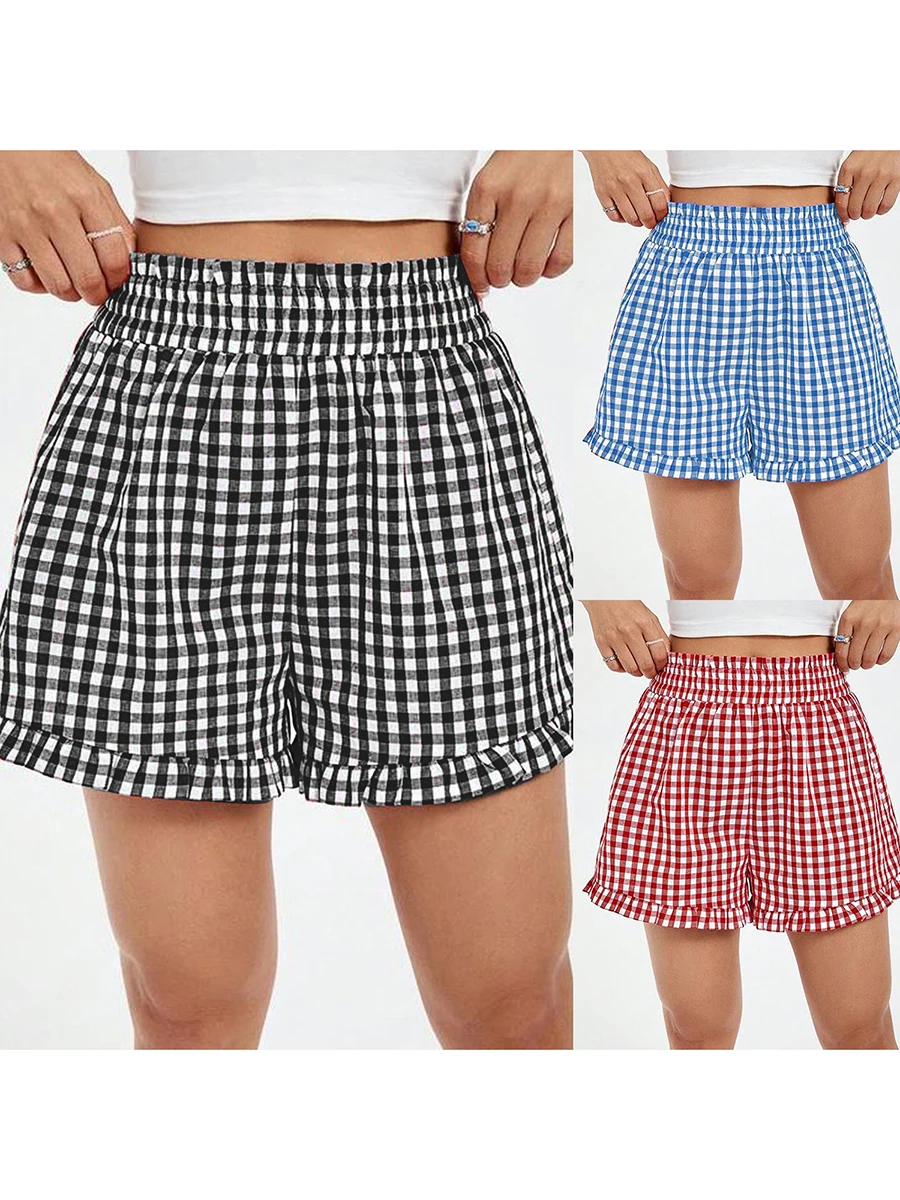 Short à carreaux décontracté pour femme, coupe adt, taille élastique, froncé, bordure à volants, pantalon court, short de salon