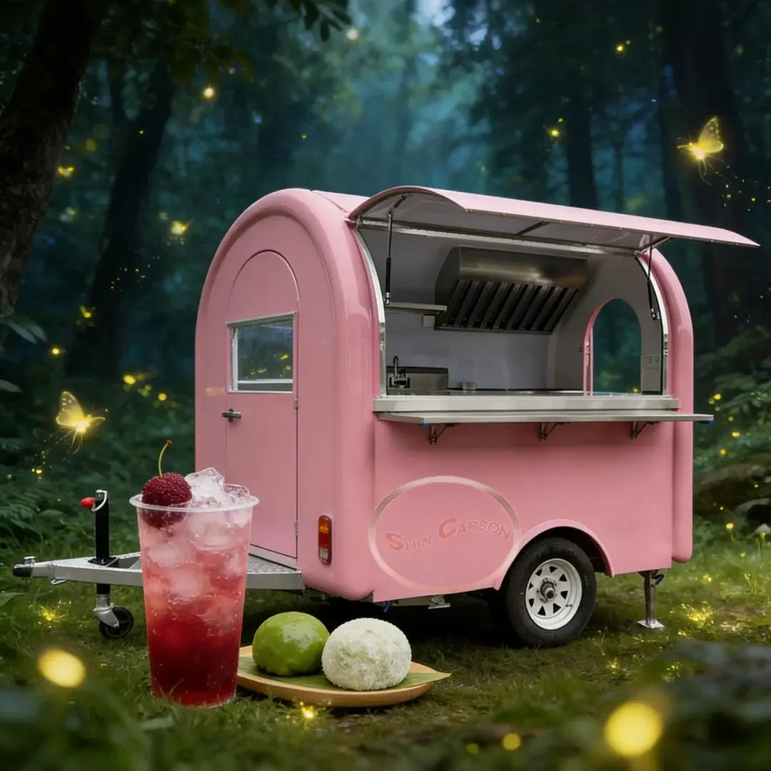 

Pink Fiberglass Mobile Food Cart Stainless Steel Sink Kitchen Equipment Commercial Street Food Trailer for Business