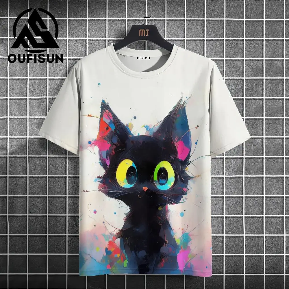 Funny Animal Black Cat Short Sleeve Tees Tops Casual T-Shirt For Men Oversized Streetwear Hip Hop Sweatshirt Men\'s Clothing Xl