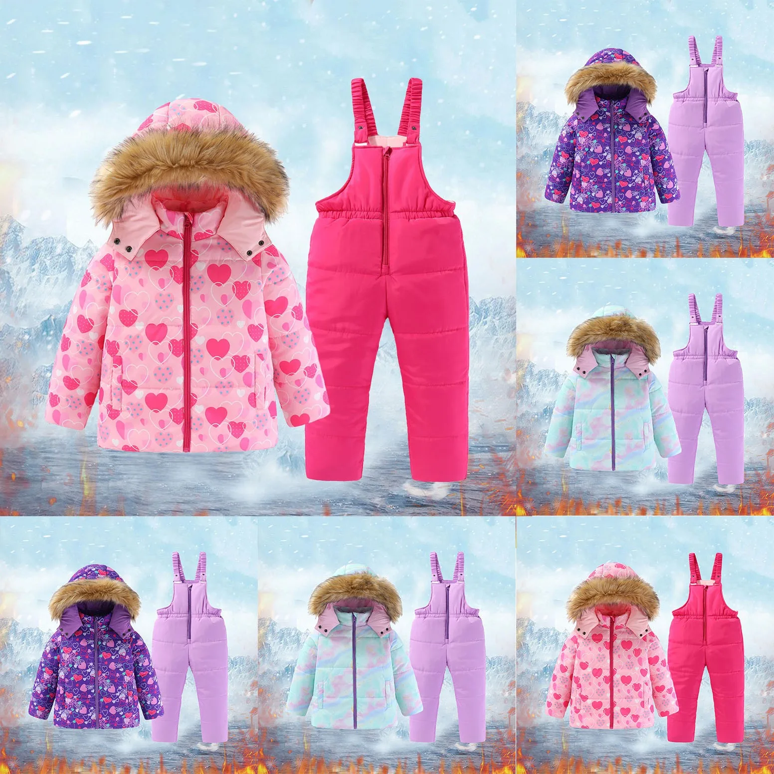 4-8T Kids Girls Ski Suits Hooded Snowboard Coats Children Winter Warm Pant Outdoor Sportwear Thick Cotton Snowboard Skiing Suit