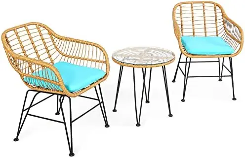 Bistro Table and Chairs, Balcony Furniture Patio Conversation Set w/2 Cushioned Acapulco Wicker Chairs & Tempered Glass