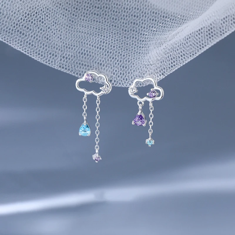 Real 925 Sterling Silver Zircon Cloud Short Chain Tassel Stud Earrings For Women Classic Fine Jewelry Exquisite Accessories