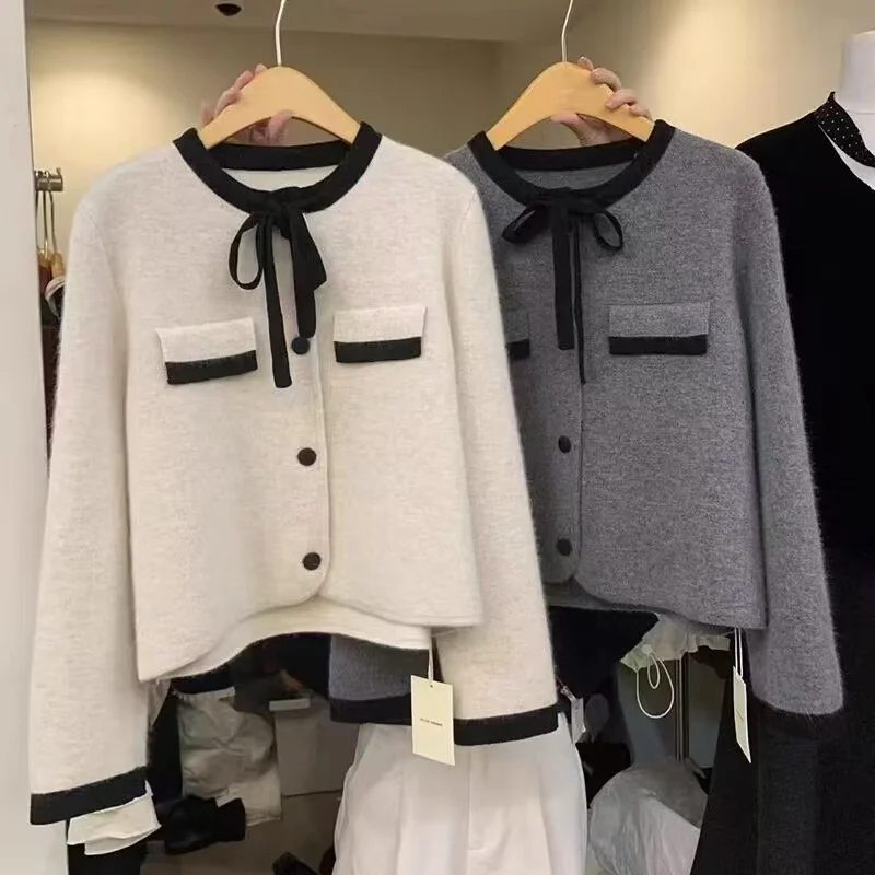 

Свитер с бантом на шнуровке во французском стиле, темпераментный однобортный короткий пиджак, женский осенне-зимний модный топ с длинными рукавами